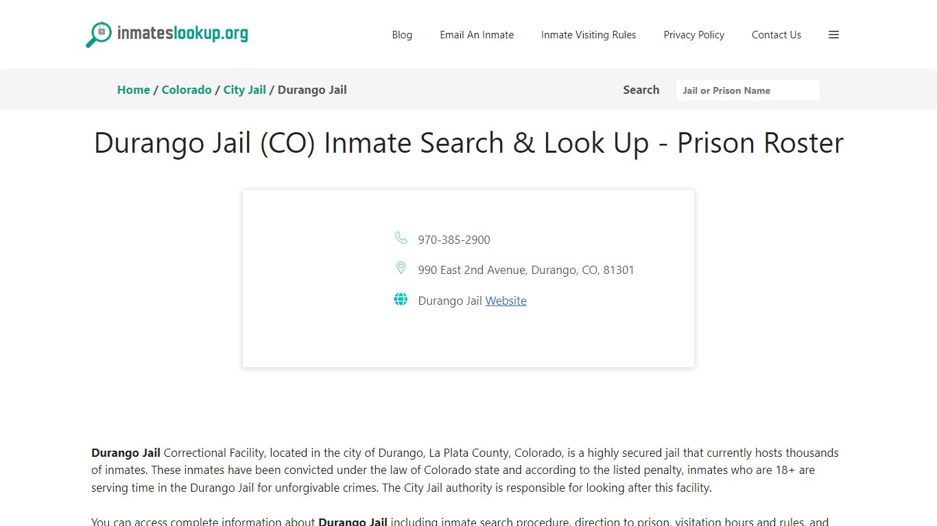 Durango Jail (CO) Inmate Search & Look Up - Prison Roster